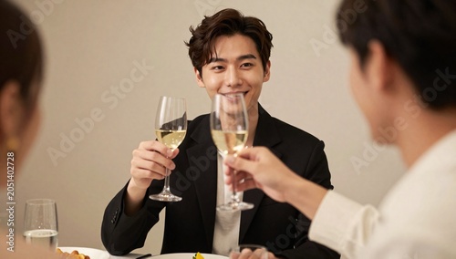 Smiling asian man toasting with friends at dinner party celebrates special moment