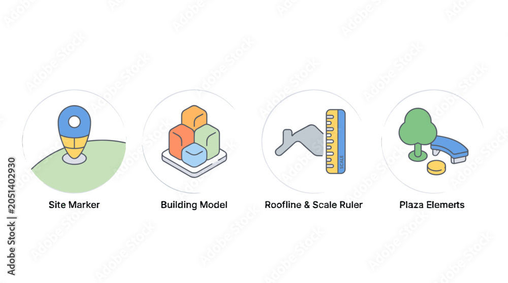 Fototapeta premium Architecture and public plaza interface icon set illustration