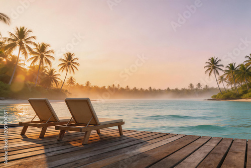 Wooden deck with lounge chairs overlooking tropical beach with palm trees at sunrise