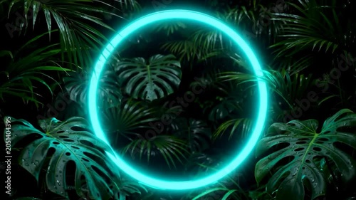 Glowing cyan neon circle framed by lush tropical monstera and palm leaves in a dark jungle at night