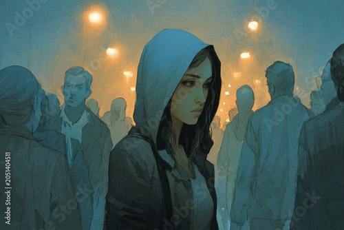 Anonymous hooded figure in a sea of pedestrians, atmospheric street scene