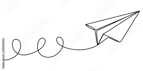 Schilderij op canvas Continuous single line drawing of a flying paper plane with a swirl trail