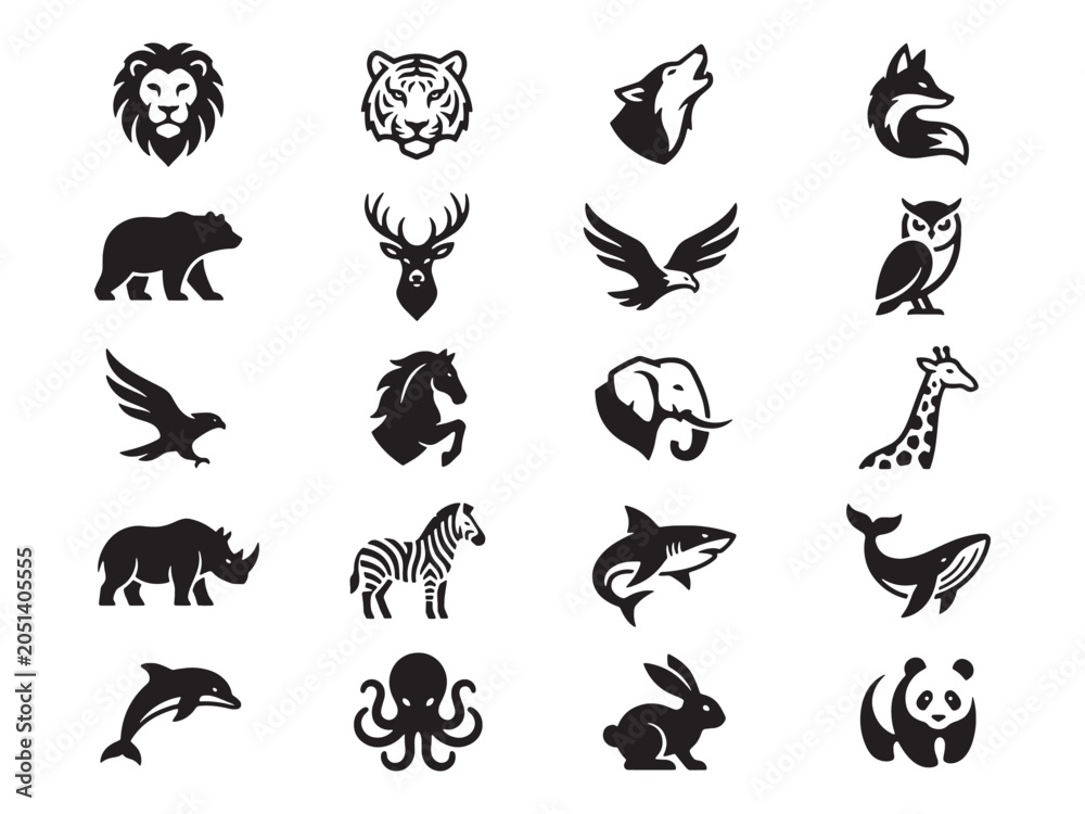 Fototapeta premium Collection of black animal icons on white background