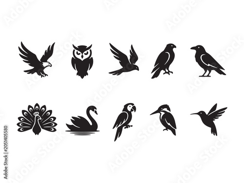 Collection of bird silhouettes including eagle, owl, crow, peacock, swan, and more