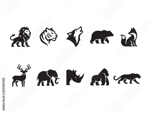 Collection of black animal silhouettes on white background