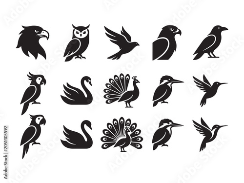 Collection of bird silhouettes including eagle, owl, crow, swan, peacock, and more