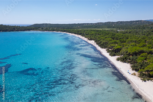 Aerial view of Pinarellu beach, Corsica, France.