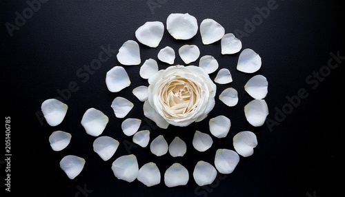 White Rose Petals Spiral Flat Lay Dark Background Minimalist Fine Art Floral Composition