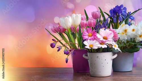 Beautiful Spring Flowers Mix With White Pink And Violet In Pot And Vase With Colorful Effect Background