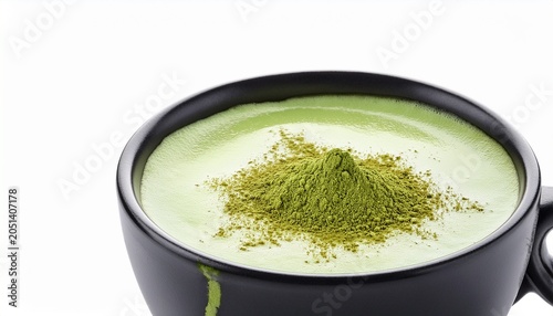 Cup Matcha Latte Close Up With Powder On White