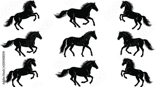 Fotografie horse galloping running rearing black silhouette set flat vector graphic illustr