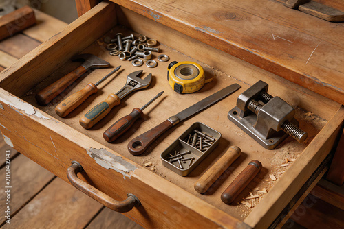 Organized wooden toolbox drawer with hand tools and hardware