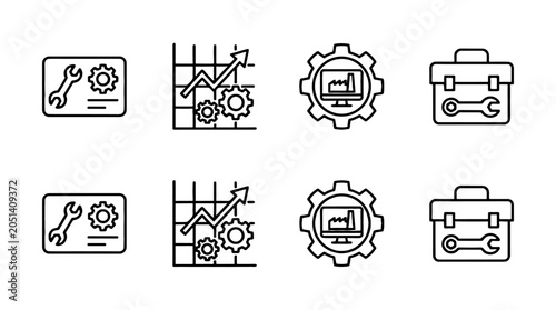 Manufacturing spare parts line icon set with tools and charts