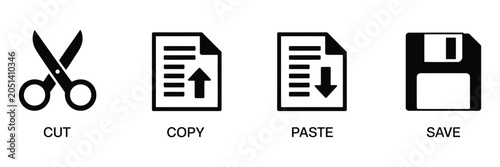 Foto Graphic editor toolbar symbols, cut copy paste and save operations icons, outlined document design elements, file editing interface vector set