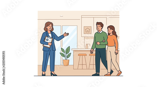 Woman presenting to young couple.