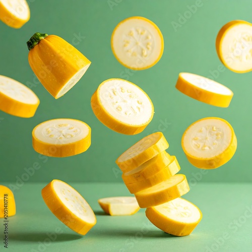 A creative still life of vibrant yellow vegetable slices suspended mid-air against a soothing green background