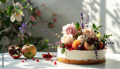 Elegant Fruitcake Adorned with Edible Flowers and Fresh Fruit, Perfect for Celebrations