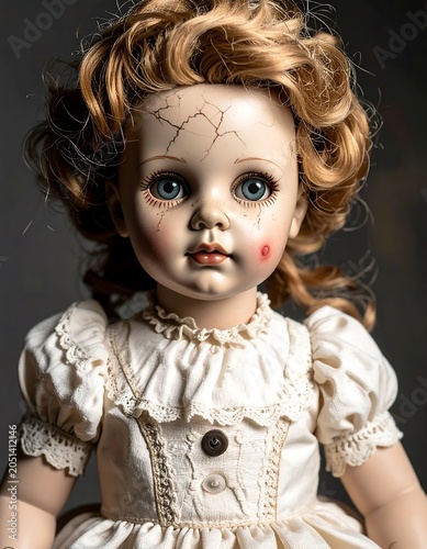 A creepy antique doll with cracked porcelain skin and curly hair