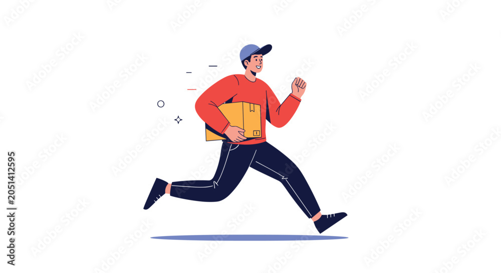 Fototapeta premium Delivery courier running fast while holding a cardboard box represents efficient express shipping and logistics services.