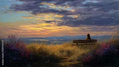 This wall art piece depicts a beautiful landscape, showing a young woman sitting on a wooden bench, her back to the viewer, gazing at the sunset. The sky is filled with strikingly beautiful colors.