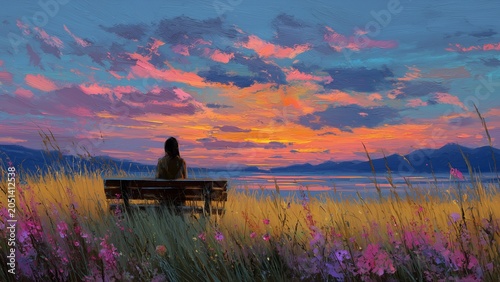 This wall art piece depicts a beautiful landscape, showing a young woman sitting on a wooden bench, her back to the viewer, gazing at the sunset. The sky is filled with strikingly beautiful colors.