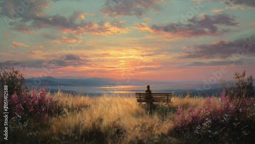 This wall art piece depicts a beautiful landscape, showing a young woman sitting on a wooden bench, her back to the viewer, gazing at the sunset. The sky is filled with strikingly beautiful colors.