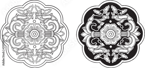 Traditional Chinese Classical Floral Medallion and Begonia Frame Ornament Vector
