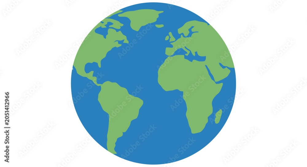 Fototapeta premium Flat vector illustration of the earth showing continents and oceans in blue and green