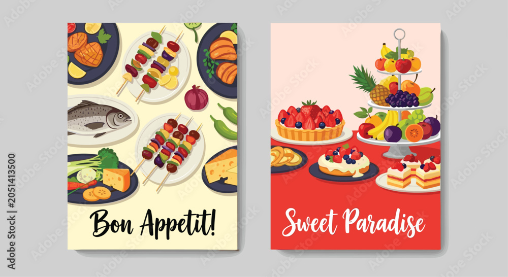 Fototapeta premium Two illustrated menu cards for food and desserts titled Bon Appetit and Sweet Paradise with delicious dishes.