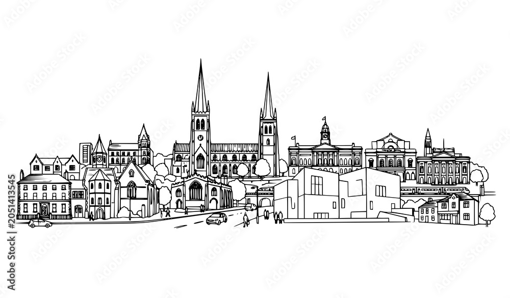 Fototapeta premium European city skyline panorama vector sketch line art illustration