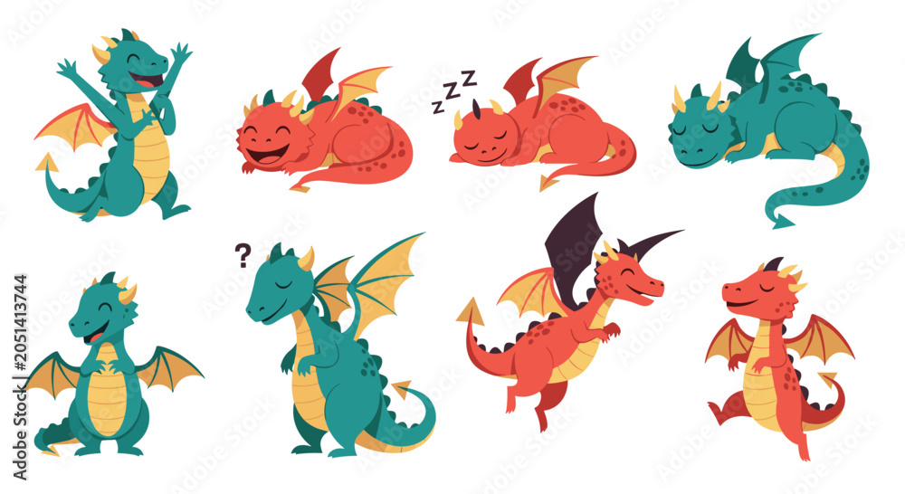 Naklejka premium Group of eight cute cartoon dragons in various colors and poses like flying, sleeping, and cheering together.