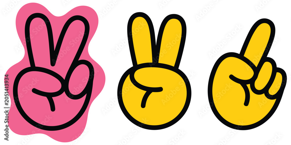 Fototapeta premium Hand gestures set showing peace signs and raised index finger in yellow colors with graphic outline