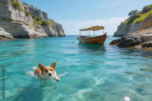Corgi Dog Swimming in Clear Blue Water near Rocky Cliffs and Wooden Boat