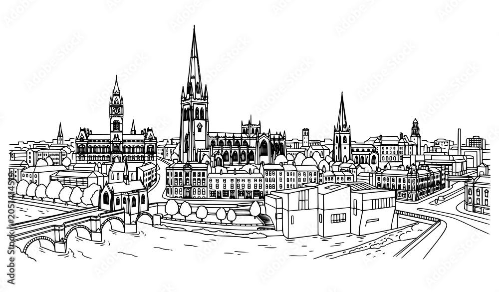 Fototapeta premium Wakefield England City Skyline Panorama Hand Drawn Outline Vector on White Background