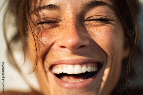 Extremely close up portrait of a happy young woman laughing out loud with closed eyes in warm sunlight
