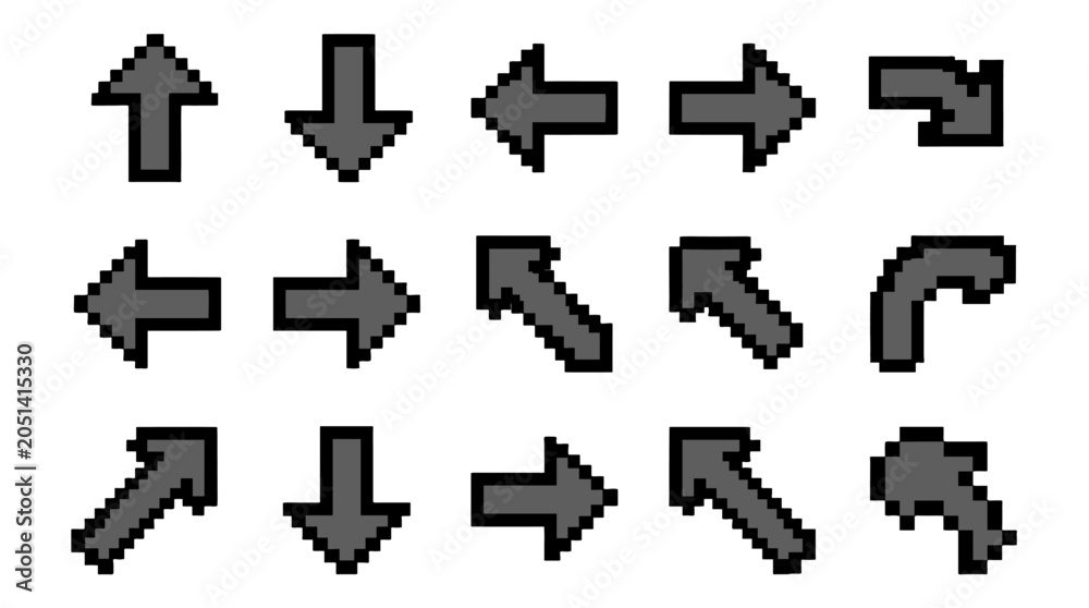 Fototapeta premium Pixelated arrow icon set isolated on white background