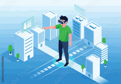 Canvas Print Man wearing virtual reality headset interacting with digital city models, augmented reality and metaverse concept, futuristic urban scene