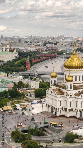 Vertical Aerial View of Cathedral of Christ the Saviour and Moscow Kremlin