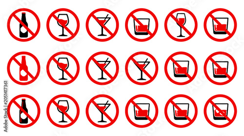 No alcohol prohibition icon set with drinks isolated on white