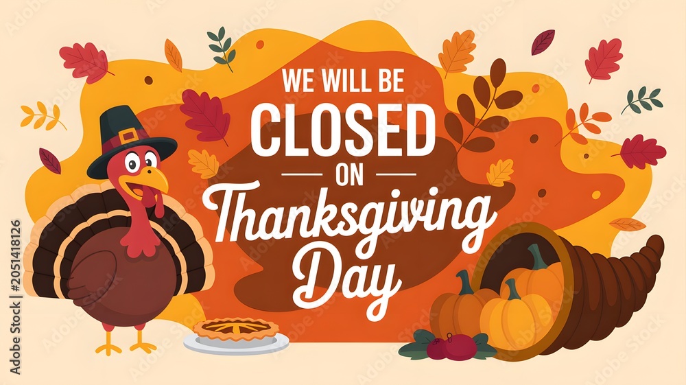 Naklejka premium We will be closed on thanksgiving day sign with a cute turkey and autumn leaves