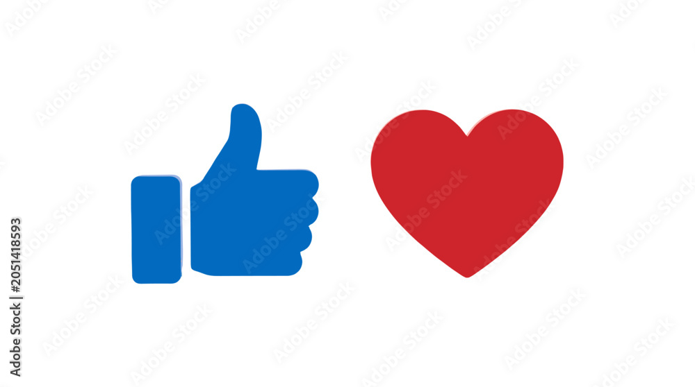 Fototapeta premium Blue thumbs up icon and red heart isolated on white