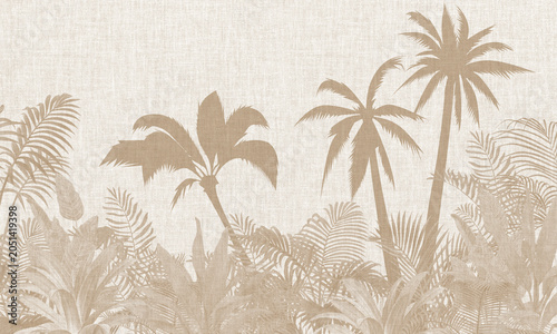 Tropical Palm Background with Neutral Botanical Foliage and Soft Vintage Texture