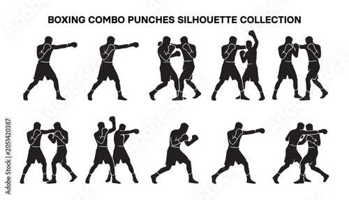 Obraz na plátně Boxing Combo Punches Silhouette Icon Sheet Set.
