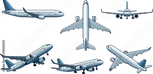 Tableau sur toile Airplane Vector Illustration Set Featuring Commercial Jet Airliners from Top, Fr