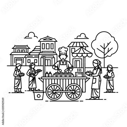 People buying food from cart vendor.