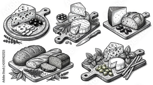 Assorted cheeses arranged on cutting boards with bread, herbs, olives, and rustic kitchen elements, presented as a cohesive set collection bundle. 