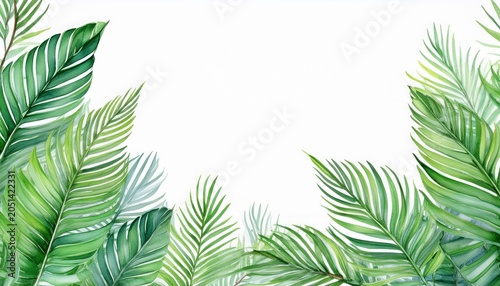 watercolor tropical palm leaves border on white background fresh green botanical frame with soft hand painted texture perfect for invitations summer designs branding and stationery