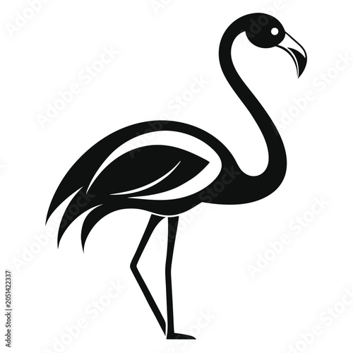 Tableau sur toile Elegant black and white silhouette of a graceful flamingo standing on a white ba