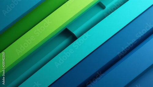 Abstract 3D geometric composition featuring layered rectangular panels in vibrant shades of green and blue creating a sense of depth and architectural structure for modern digital art.