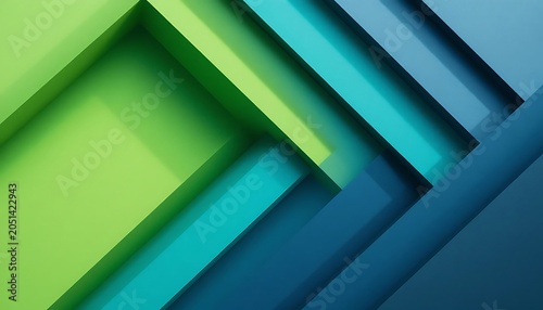 Abstract 3D geometric composition featuring layered rectangular panels in vibrant shades of green and blue creating a sense of depth and architectural structure for modern digital art.
